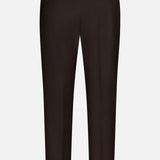 Rear view of the LES DEUX Brushed Twill Regular Suit Pants in dark brown, crafted from brushed twill fabric with belt loops and two welt pockets, displayed against a white background—an ideal choice for any preppy urban wardrobe.