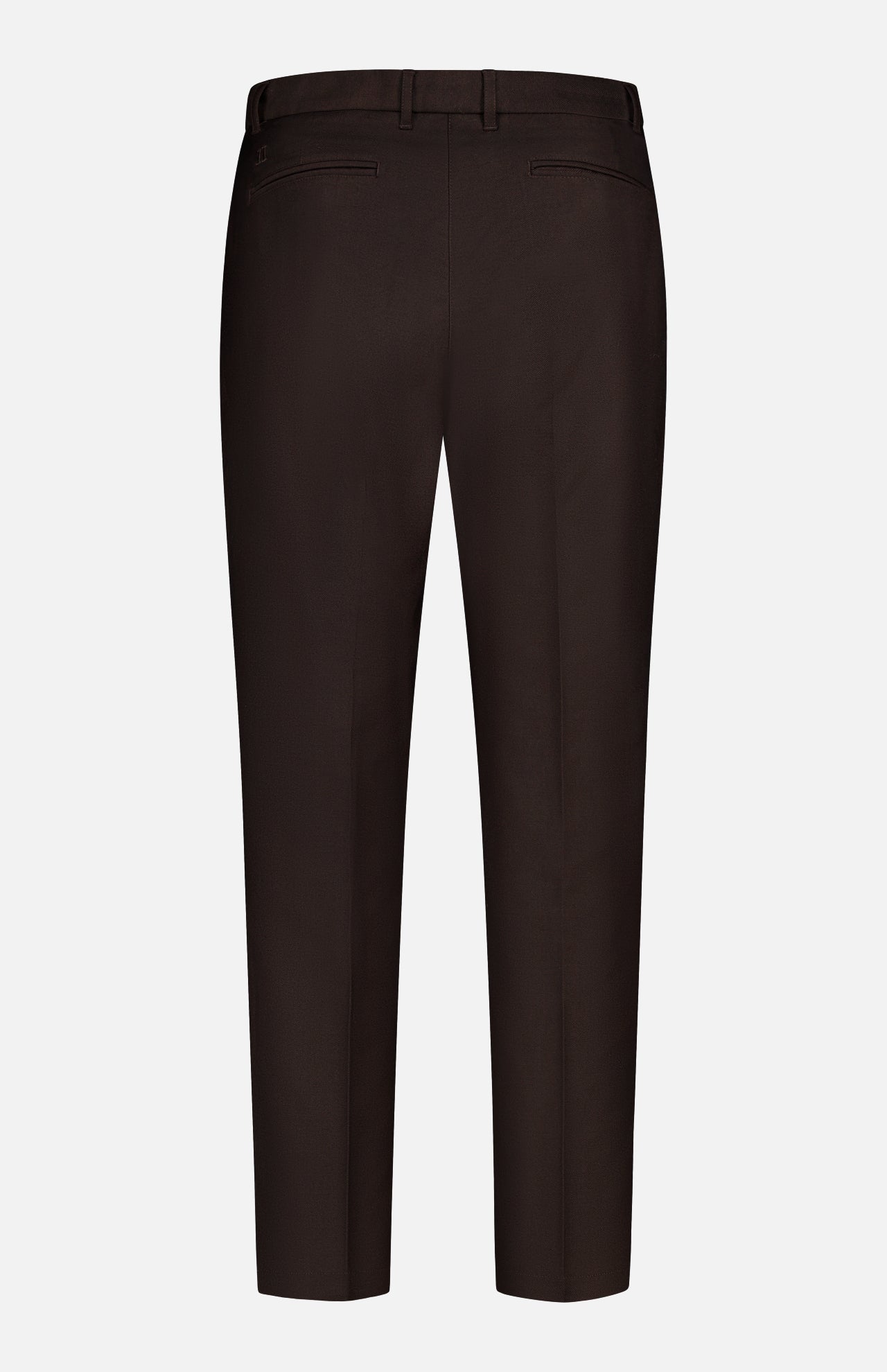 Rear view of the LES DEUX Brushed Twill Regular Suit Pants in dark brown, crafted from brushed twill fabric with belt loops and two welt pockets, displayed against a white background—an ideal choice for any preppy urban wardrobe.