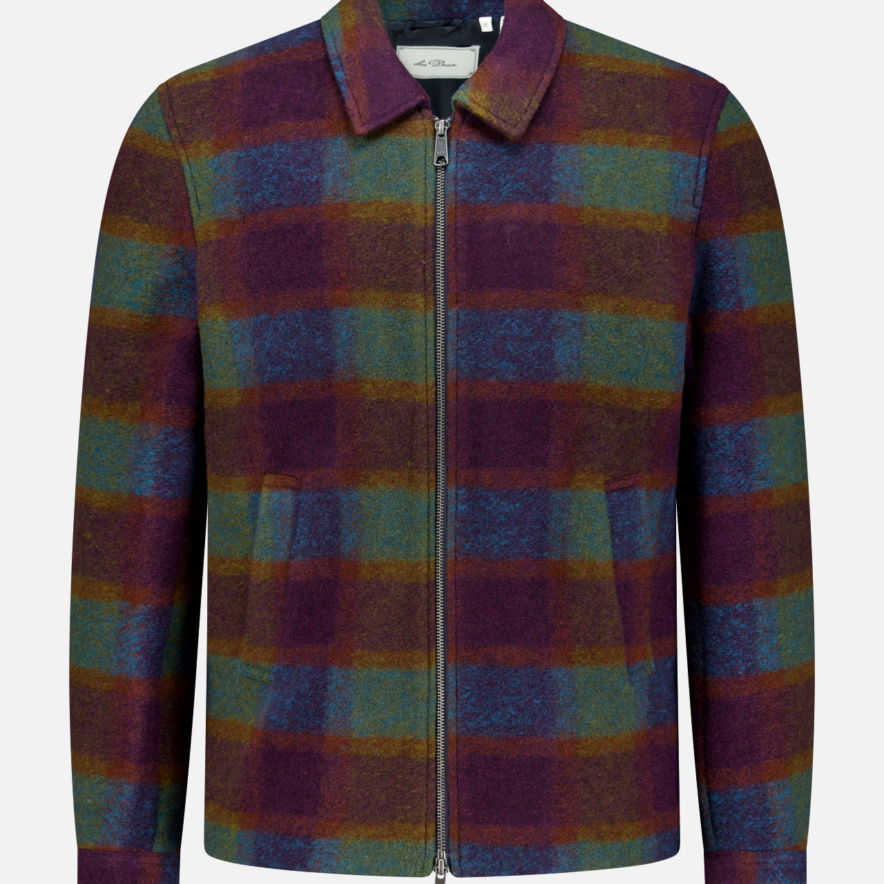 Introducing the LES DEUX Check Wool Zipper Coach Jacket—a zip-up coach jacket crafted from a wool blend, designed with a collared neck and long sleeves. This statement piece showcases a bold check pattern in shades of purple, green, and blue against a light background, making it the perfect addition to your preppy urban wardrobe for an autumnal touch.