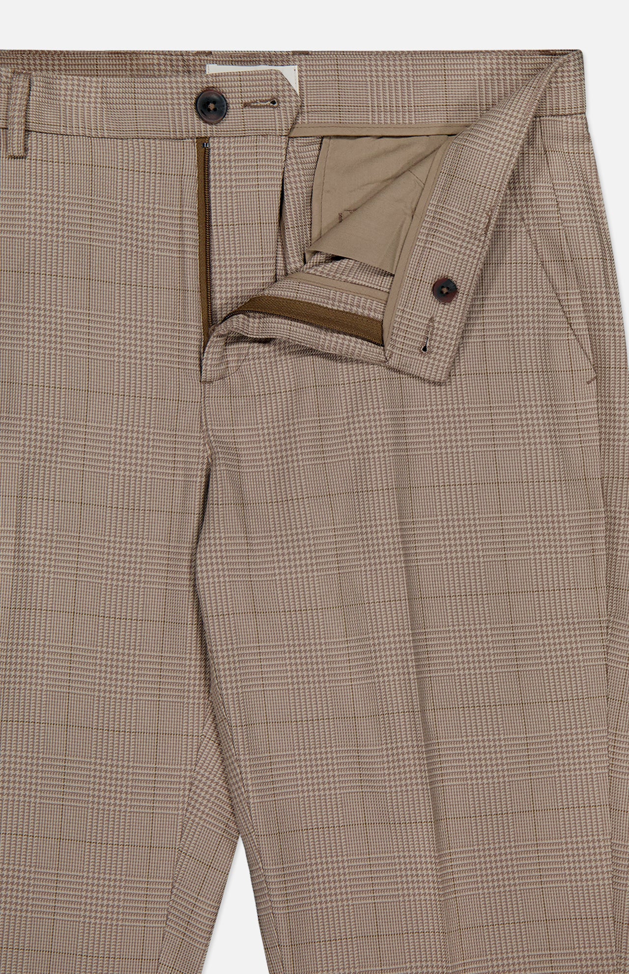 Close-up of LES DEUX Como Reg Houndstooth Suit Pants in light brown, straight fit, with open fly showing the interior waistband and button closure. The fabric displays a subtle houndstooth pattern.