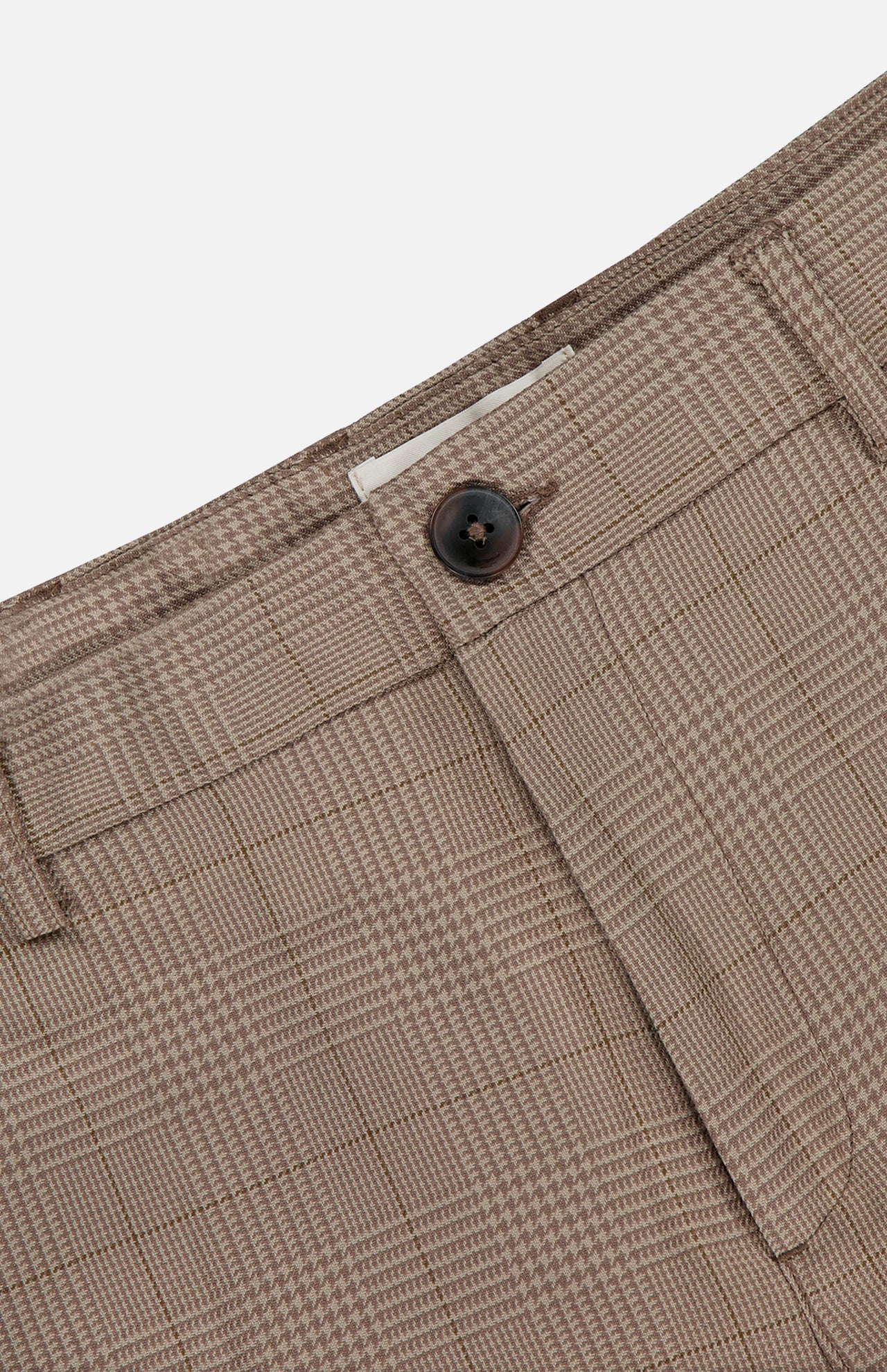 Close-up of LES DEUX Como Reg Houndstooth Suit Pants showing straight fit, button closure, zipper fly, belt loops, and subtle houndstooth pattern with visible fabric texture and stitching details.