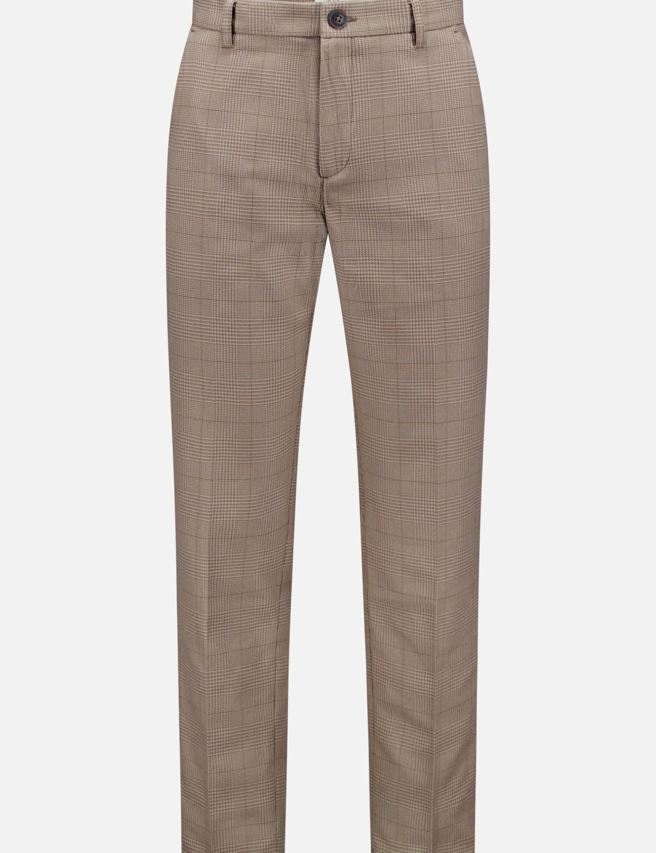The LES DEUX Como Reg Houndstooth Suit Pants feature a light brown houndstooth print, slim fit, belt loops, button and zipper closure, and front pockets, shown against a white background.