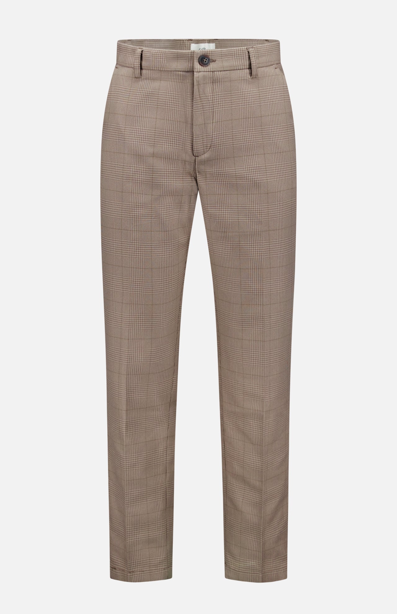 The LES DEUX Como Reg Houndstooth Suit Pants feature a light brown houndstooth print, slim fit, belt loops, button and zipper closure, and front pockets, shown against a white background.
