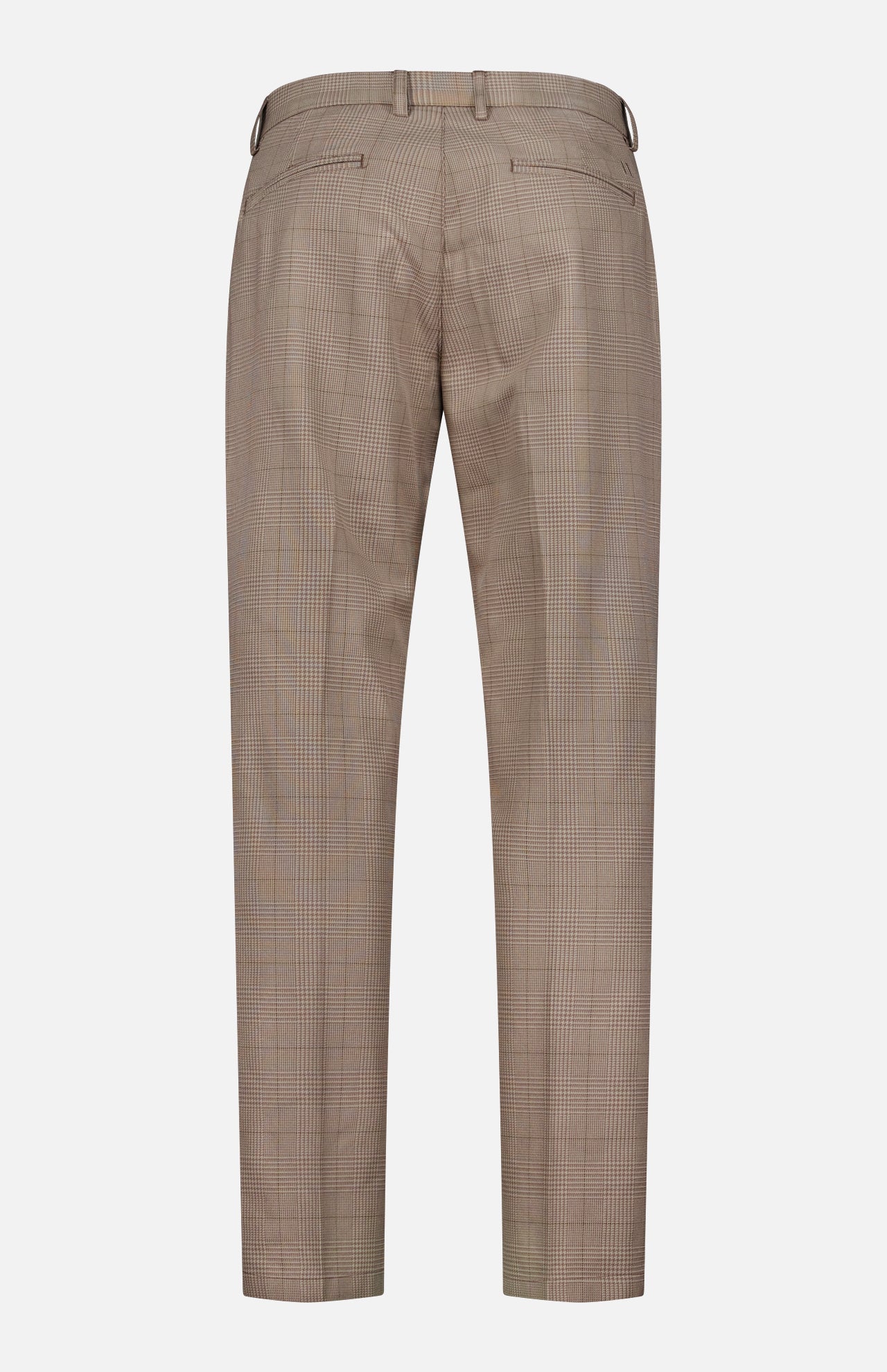 Back view of LES DEUX Como Reg Houndstooth Suit Pants featuring a straight fit, houndstooth pattern, belt loops, and two back welt pockets, shown on a plain white background.