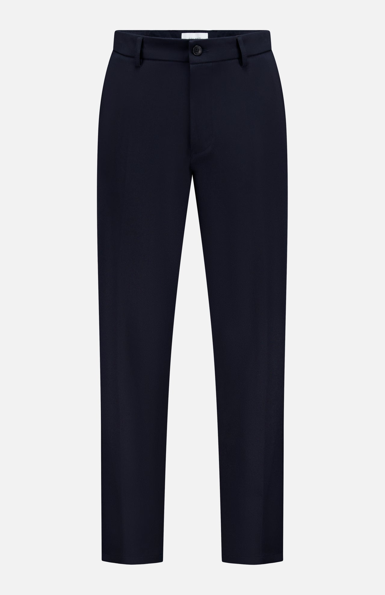 LES DEUX Como Reg Suit Pants—men's dark navy blue trousers with belt loops, front button, and zipper closure—displayed on a plain white background.