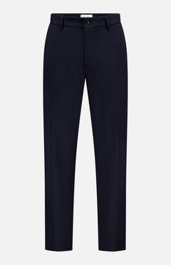 LES DEUX Como Reg Suit Pants—men's dark navy blue trousers with belt loops, front button, and zipper closure—displayed on a plain white background.