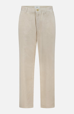 The LES DEUX Corduroy Tapered Pants in ivory showcase a relaxed, straight-leg fit with button and zip closure, belt loops, and front pockets—perfect for achieving a preppy urban style—shown against a plain white background.