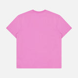 The LES DEUX Crew Neck Logo T-shirt in bright pink is laid flat with the back side facing up against a white background, perfect for casual wear.