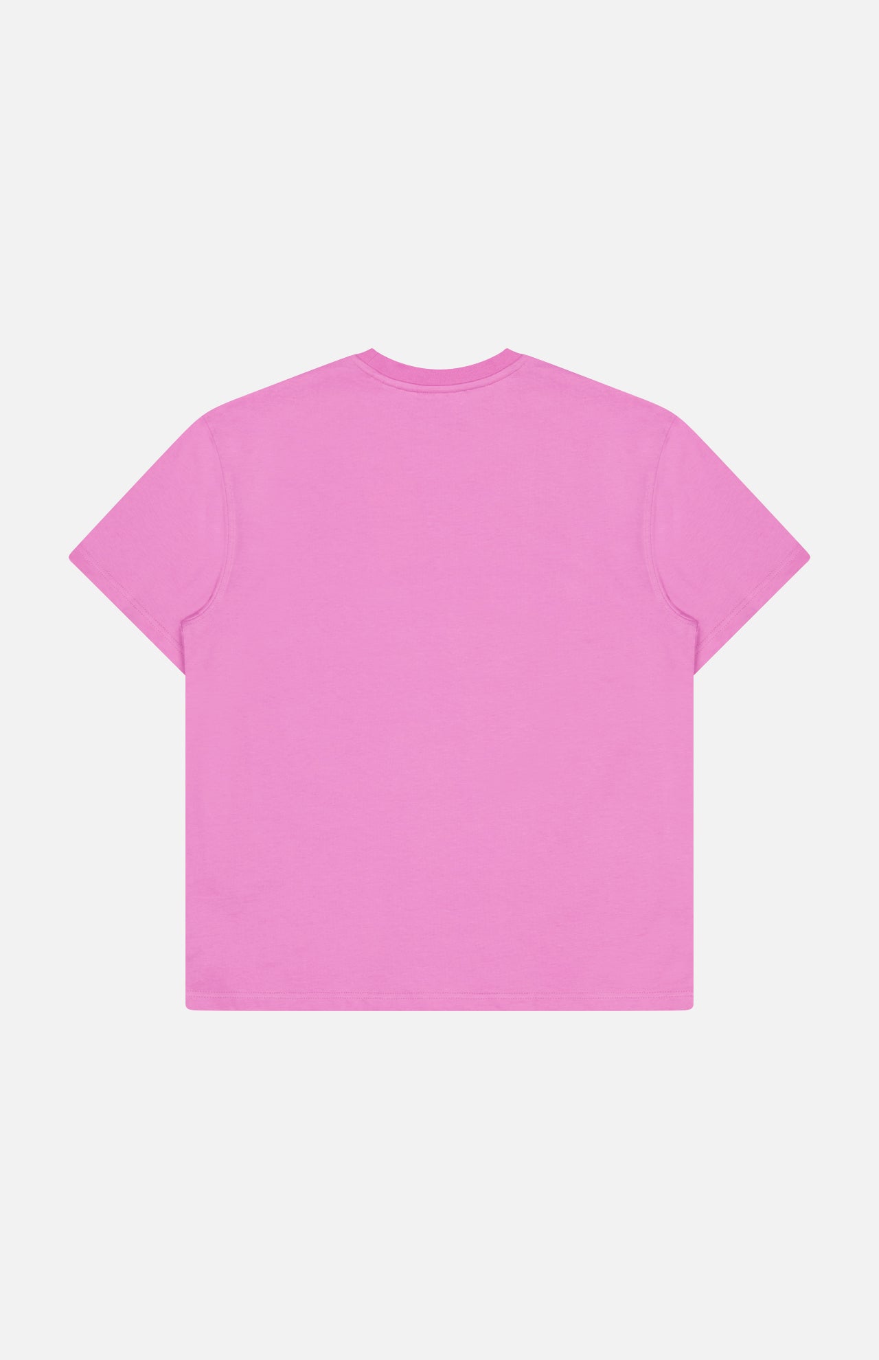 The LES DEUX Crew Neck Logo T-shirt in bright pink is laid flat with the back side facing up against a white background, perfect for casual wear.