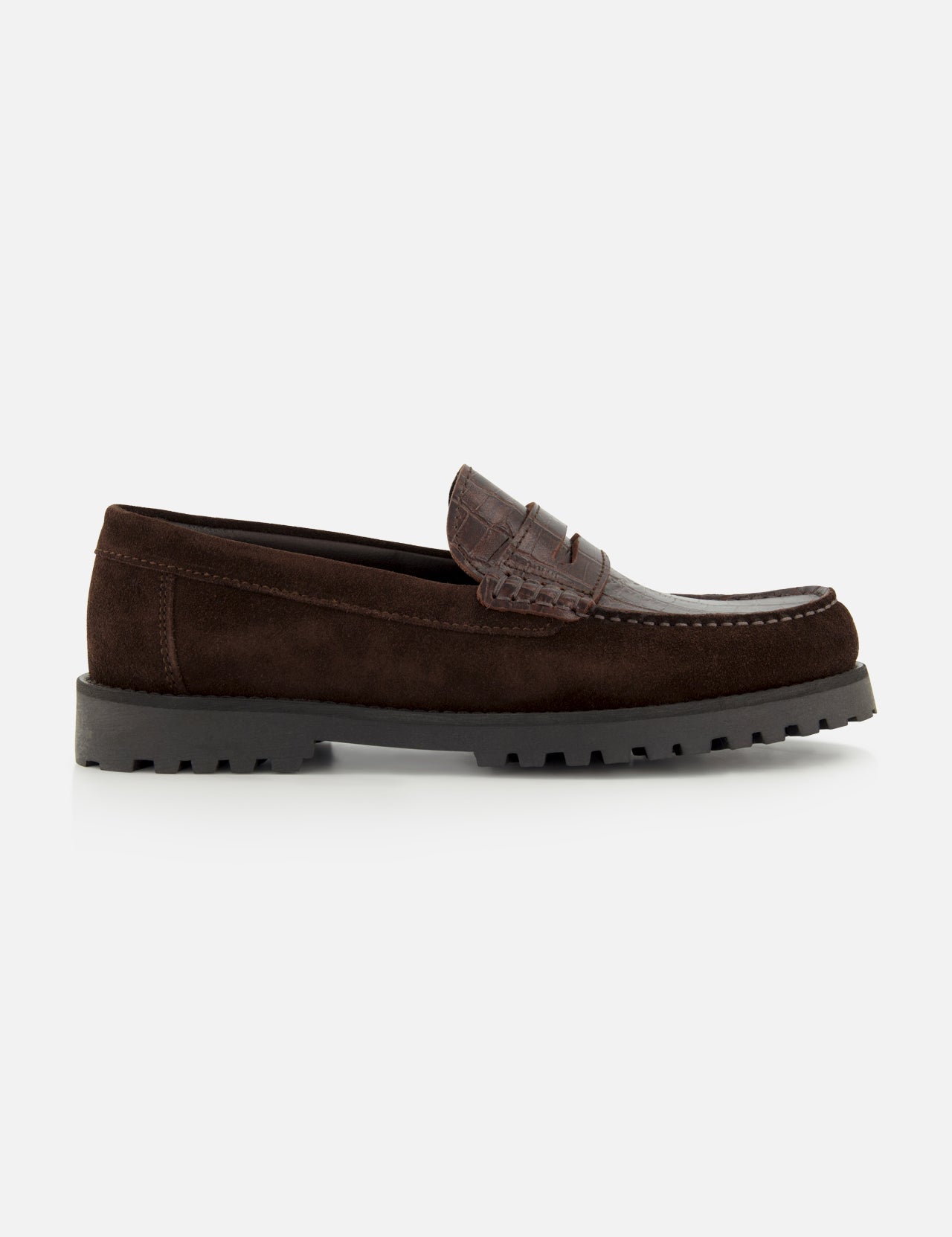 The LES DEUX Croco Mix Loafer is a dark brown suede penny loafer, accented with a textured crocodile-embossed leather strap across the top. It features a durable black rubber sole and a convenient slip-on design, shown against a plain white background.