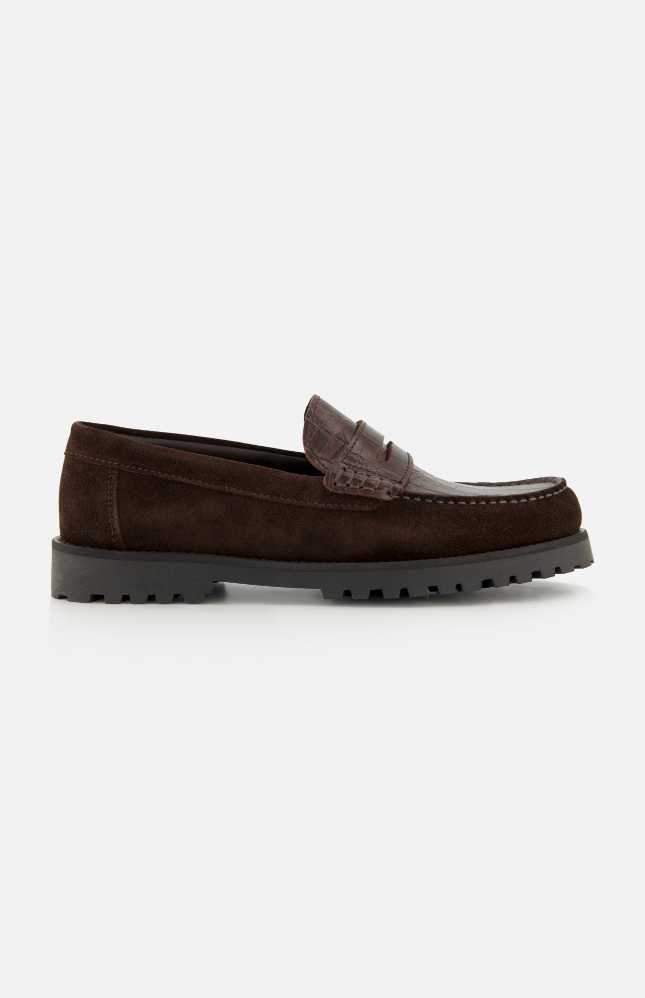 The LES DEUX Croco Mix Loafer is a dark brown suede penny loafer, accented with a textured crocodile-embossed leather strap across the top. It features a durable black rubber sole and a convenient slip-on design, shown against a plain white background.