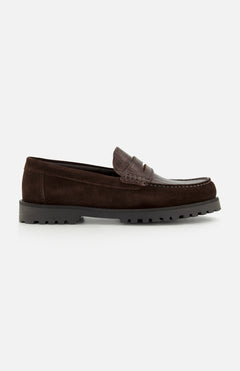 The LES DEUX Croco Mix Loafer is a dark brown suede penny loafer, accented with a textured crocodile-embossed leather strap across the top. It features a durable black rubber sole and a convenient slip-on design, shown against a plain white background.