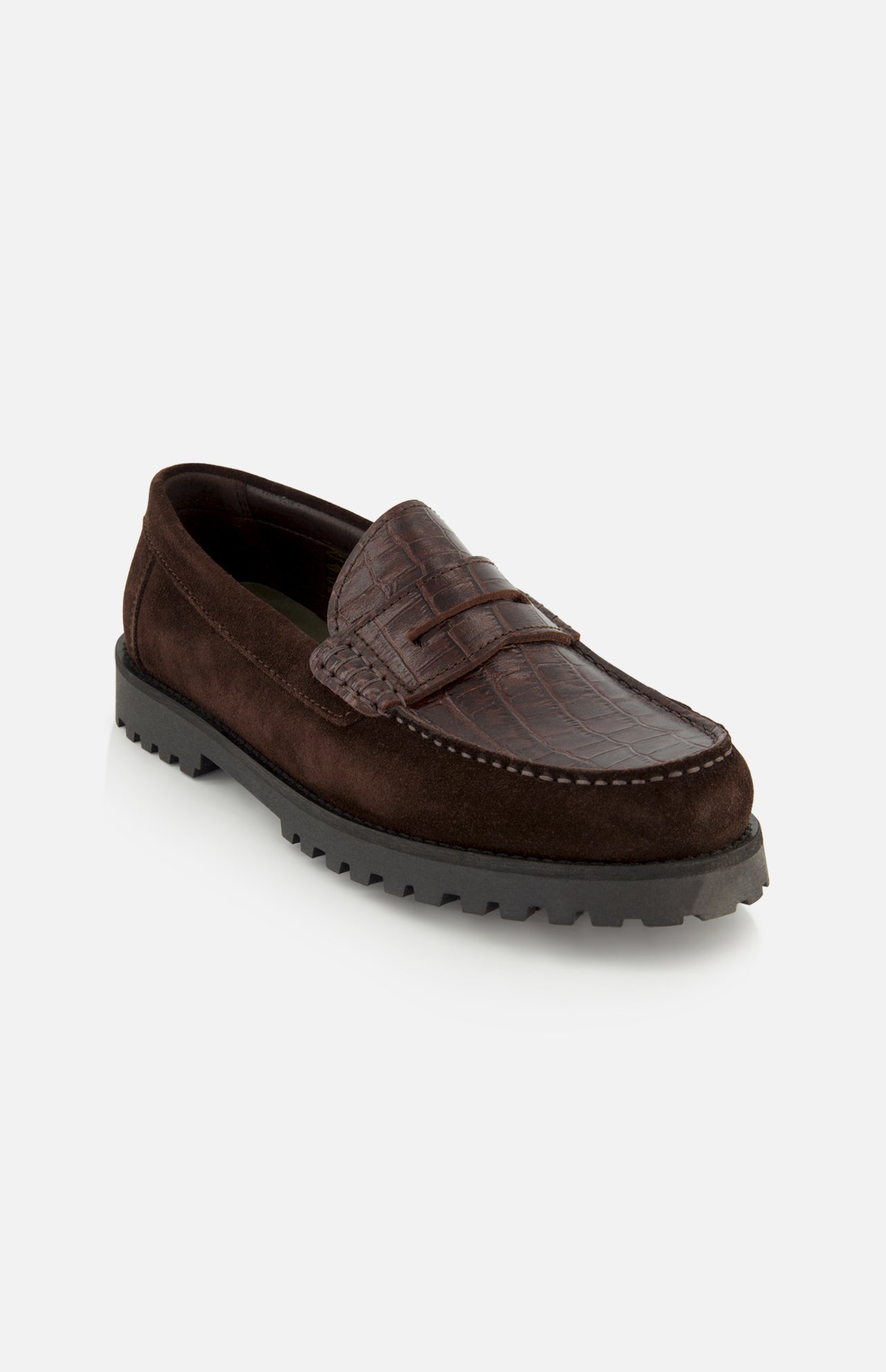 The LES DEUX Croco Mix Loafer is showcased against a white background, featuring a dark brown crocodile-embossed leather upper, suede side panels, and a sturdy black rubber sole.