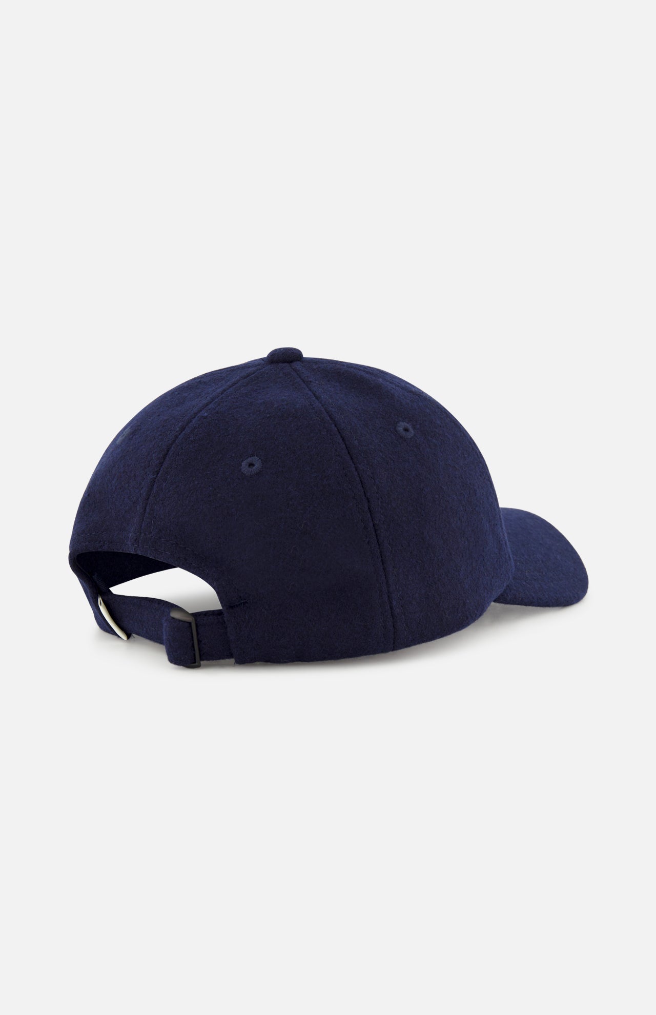 The LES DEUX Felt Logo Dad Cap is displayed from the back, highlighting its navy blue color, curved brim, and adjustable strap with a metal buckle. The background is plain and light gray.