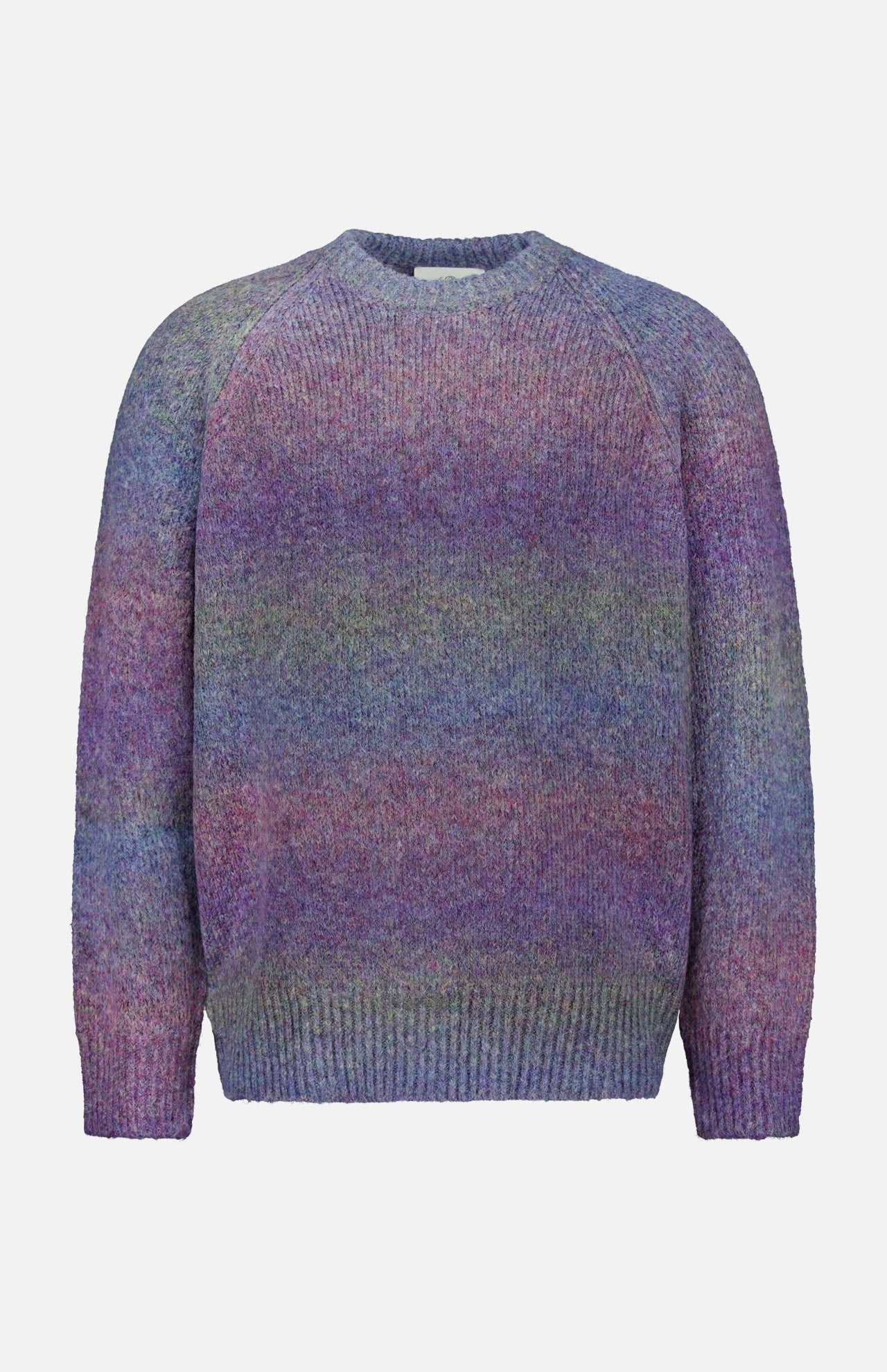The LES DEUX Gradient Roundneck Knit Sweater is a thick knit design with long sleeves and a crew neckline, showcasing a gradient dyed pattern in spiced plum, blue, and green tones.