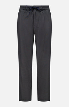 LES DEUX Houndstooth Tapered Suit Pants in dark gray, showcasing a subtle checkered and houndstooth pattern, are designed with a straight-leg silhouette and feature an elastic waistband with a front drawstring tie. Photographed against a plain white background.