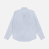 The LES DEUX Konrad Striped Oxford Shirt, in light blue with thin white stripes and long sleeves, is displayed from the back against a plain white background.