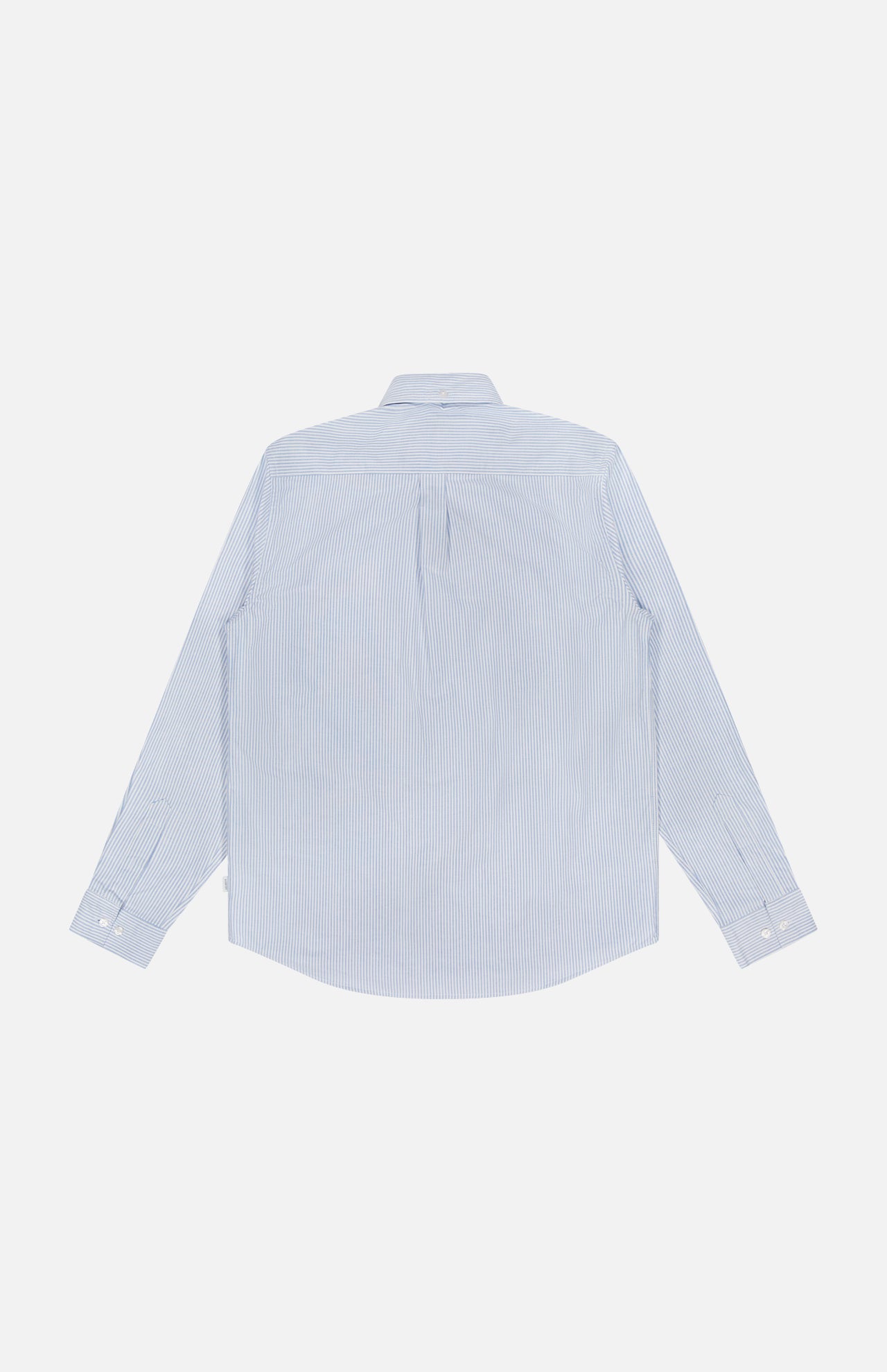 The LES DEUX Konrad Striped Oxford Shirt, in light blue with thin white stripes and long sleeves, is displayed from the back against a plain white background.