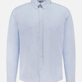 The LES DEUX Konrad Striped Oxford Shirt features light blue and white vertical stripes, long sleeves, and a classic collar, shown against a plain white background.