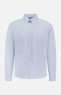 The LES DEUX Konrad Striped Oxford Shirt features light blue and white vertical stripes, long sleeves, and a classic collar, shown against a plain white background.