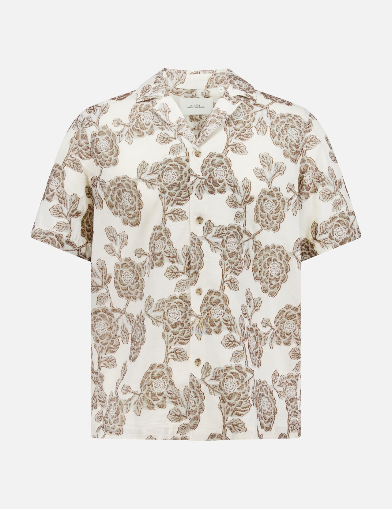 The LES DEUX Lesley Flower Jacquard Short Sleeve Shirt offers a relaxed fit, floral beige-on-white jacquard pattern, button-up front, and collared design for easy comfort.