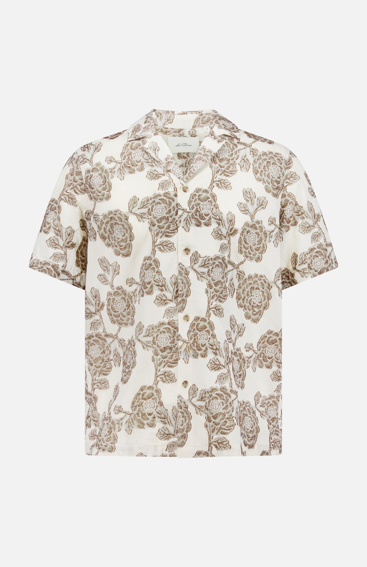 The LES DEUX Lesley Flower Jacquard Short Sleeve Shirt offers a relaxed fit, floral beige-on-white jacquard pattern, button-up front, and collared design for easy comfort.