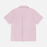 Back view of the LES DEUX Lukas Stripe Cotton Linen Short Sleeve Shirt, featuring thin red and white vertical stripes, center pleat, straight hem, and spread collar. Set against a plain white background.