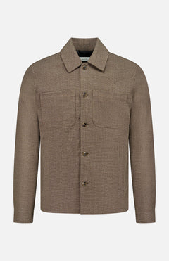 The LES DEUX Marseille Melange Jacket is a brown, long-sleeve overshirt with a collar, two chest pockets, and a straight hem, featuring a minimalist design and shown on a plain white background.