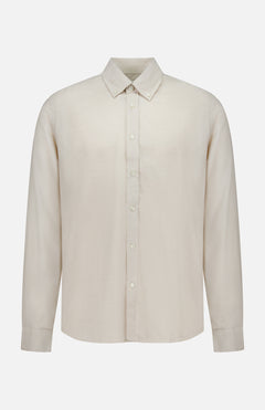 The LES DEUX Soft Flannel Dress Shirt, featuring long sleeves and a collar in beige cotton, is displayed against a plain white background.