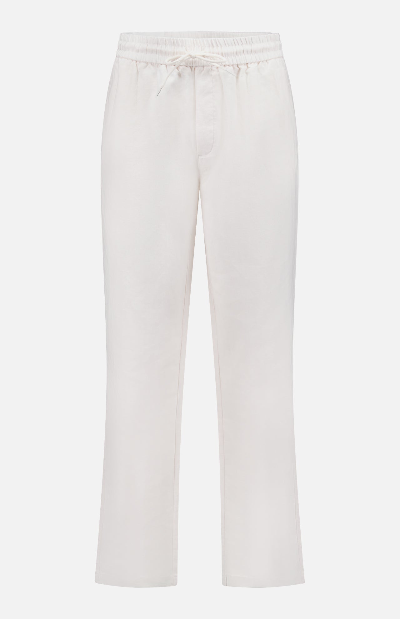LES DEUX Patrick Linen-blend Pants feature a white, straight-leg design with breathable fabric, an elastic waistband, and a drawstring waist, shown on a plain white background.