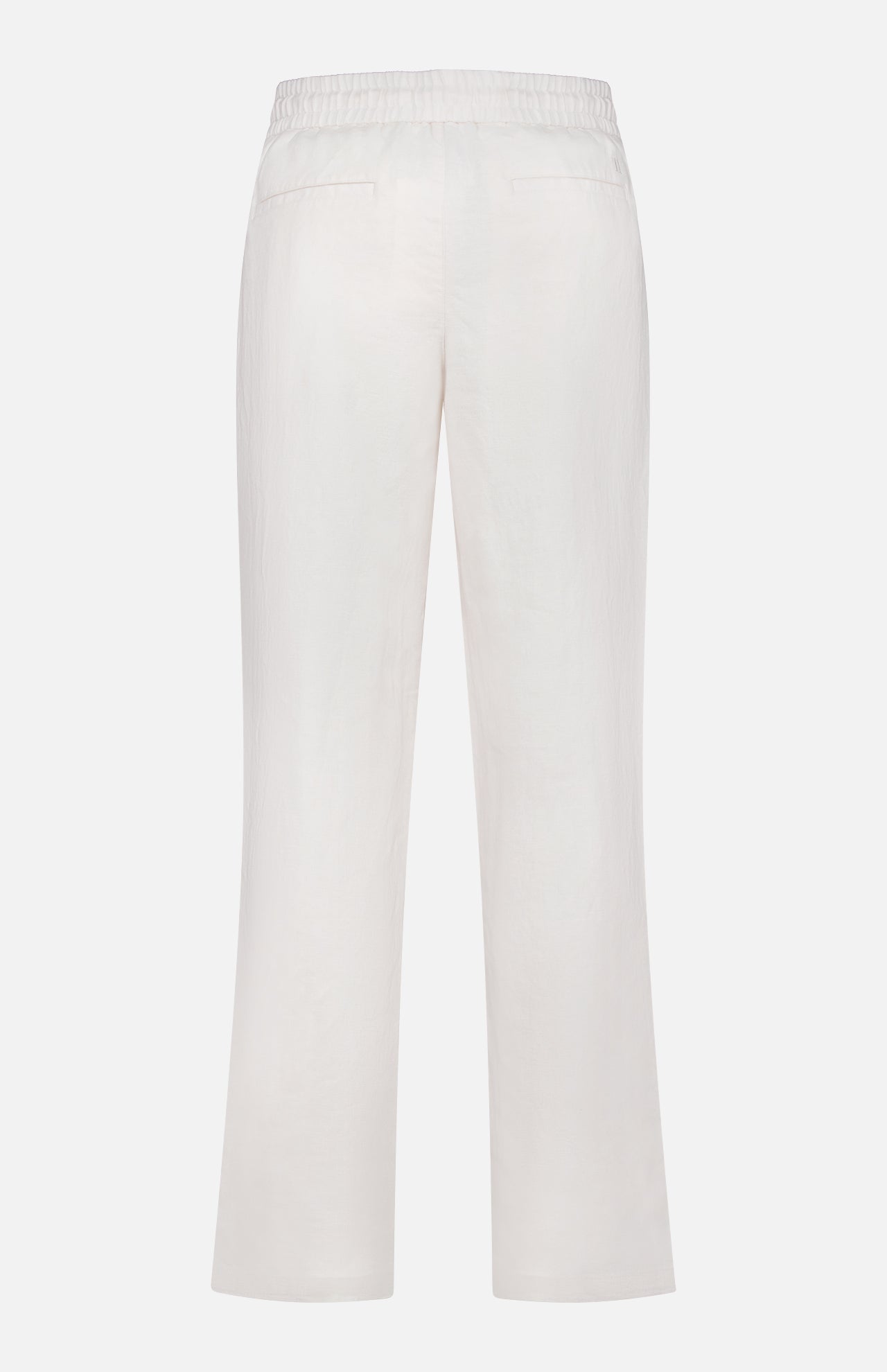 Back view of LES DEUX Patrick Linen-blend Pants, featuring a white straight-leg cut, elastic waistband, and two welt pockets. Made from breathable linen-blend fabric and shown on a plain white background.