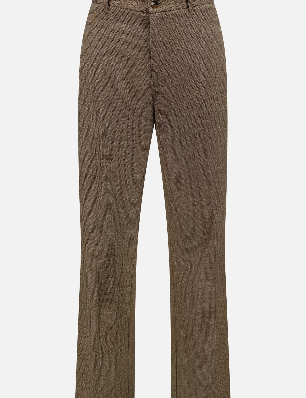 The Randall Melange Suit Pants by LES DEUX are brown, feature straight legs, belt loops, a button closure, and melange fabric for a relaxed yet tailored look—all showcased on a white background.
