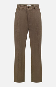The Randall Melange Suit Pants by LES DEUX are brown, feature straight legs, belt loops, a button closure, and melange fabric for a relaxed yet tailored look—all showcased on a white background.