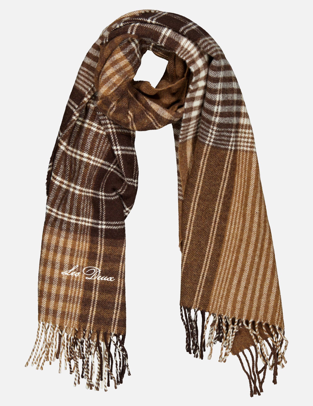 LES DEUX Signature Patchwork Check Scarf in brown and beige plaid, featuring fringe embellishment and a subtle embroidered signature on one side, displayed against a plain white background.