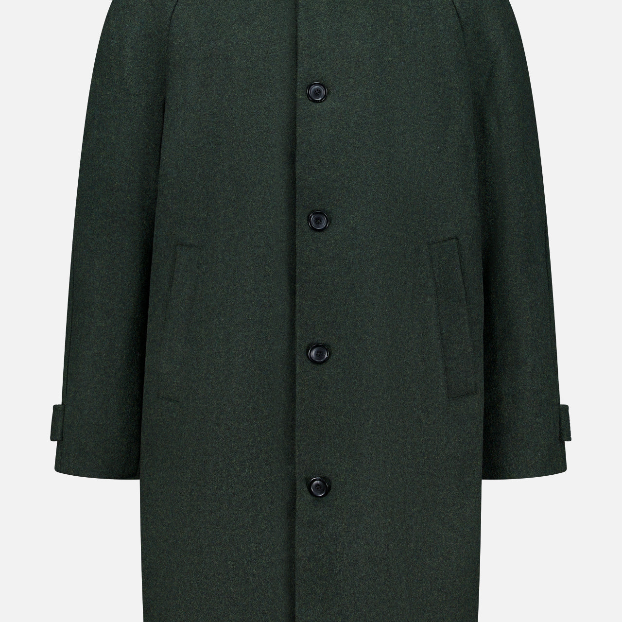 LES DEUX Wool-blend Coat: Dark green, knee-length coat crafted from a wool blend, featuring a collar, long sleeves, button front closure, and two side pockets. This winter coat boasts a simple and classic design with a tailored fit.