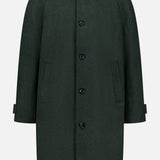 LES DEUX Wool-blend Coat: Dark green, knee-length coat crafted from a wool blend, featuring a collar, long sleeves, button front closure, and two side pockets. This winter coat boasts a simple and classic design with a tailored fit.