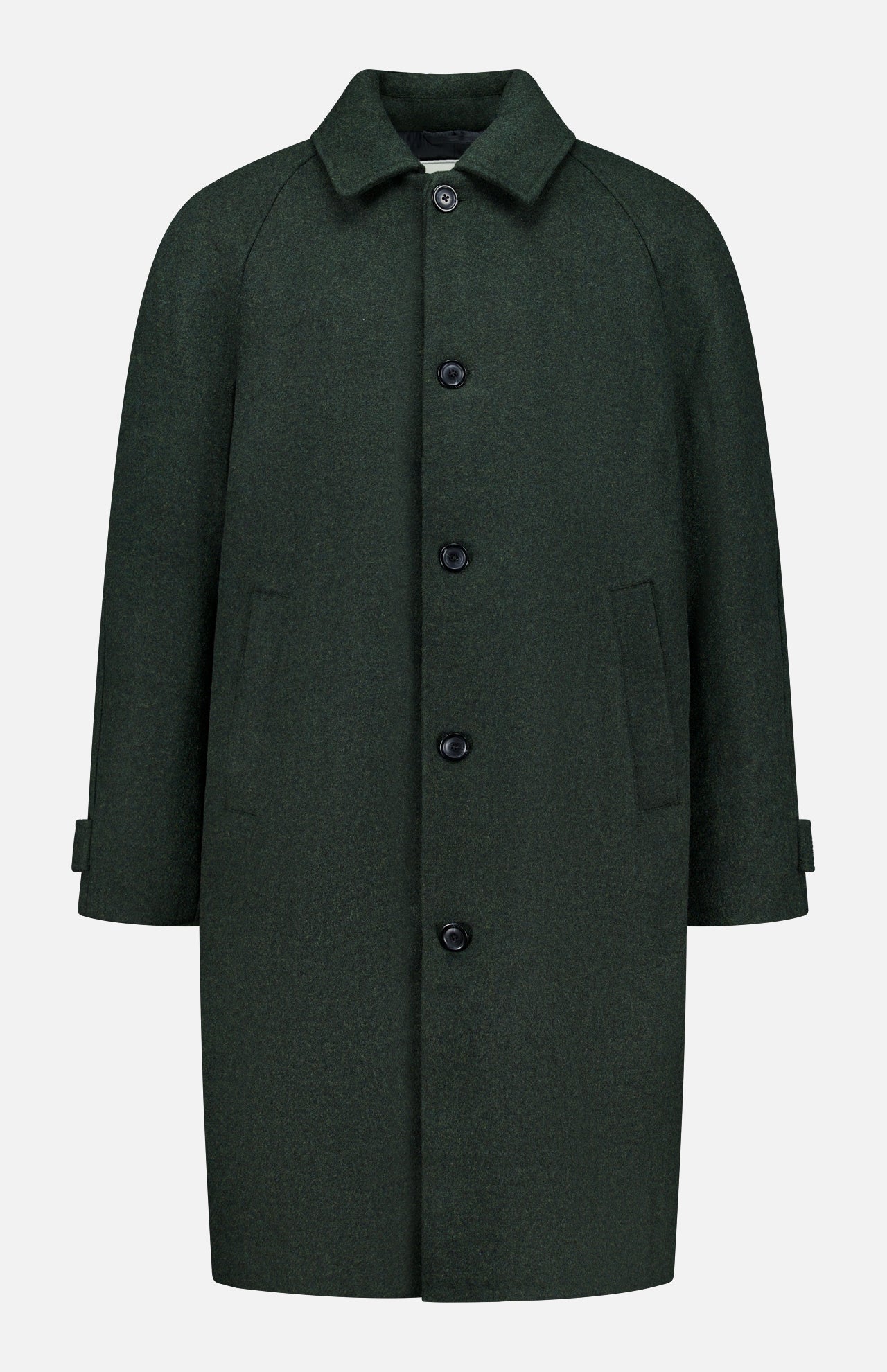 LES DEUX Wool-blend Coat: Dark green, knee-length coat crafted from a wool blend, featuring a collar, long sleeves, button front closure, and two side pockets. This winter coat boasts a simple and classic design with a tailored fit.