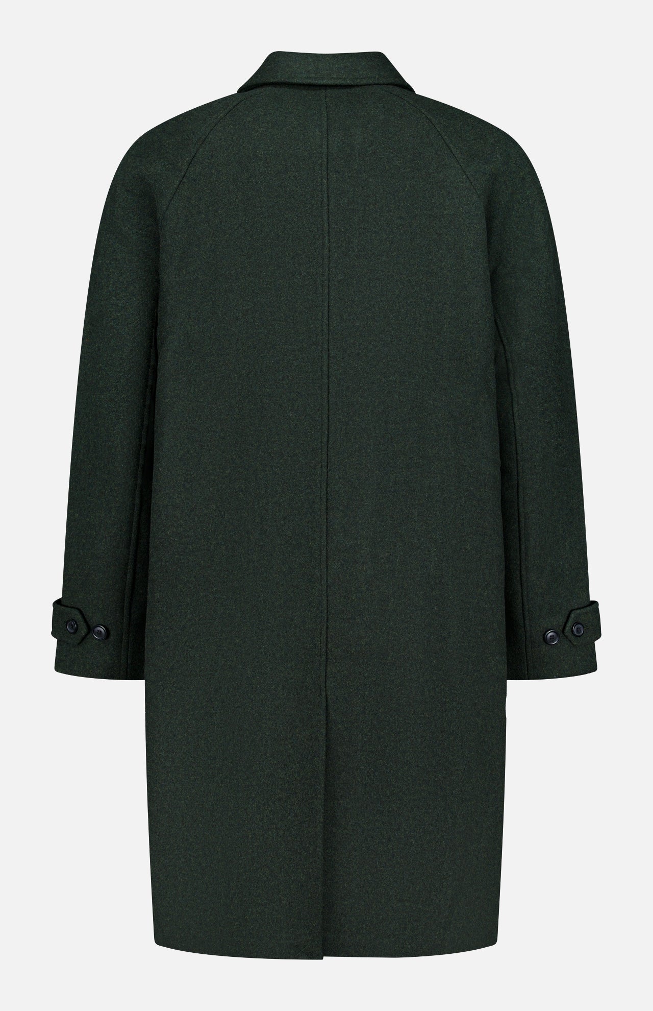 The LES DEUX Wool-blend Coat is a dark green, long-sleeved winter coat displayed from the back. It features a straight cut, classic collar, and buttoned straps on the cuffs. This plain coat has no visible patterns or embellishments.