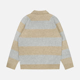 The LES DEUX Striped Melange Knitted Polo Sweater is a long-sleeved beige and grey pullover with wide horizontal stripes in soft tones, shown from the back on a plain white background—an ideal choice for those who appreciate timeless preppy style.