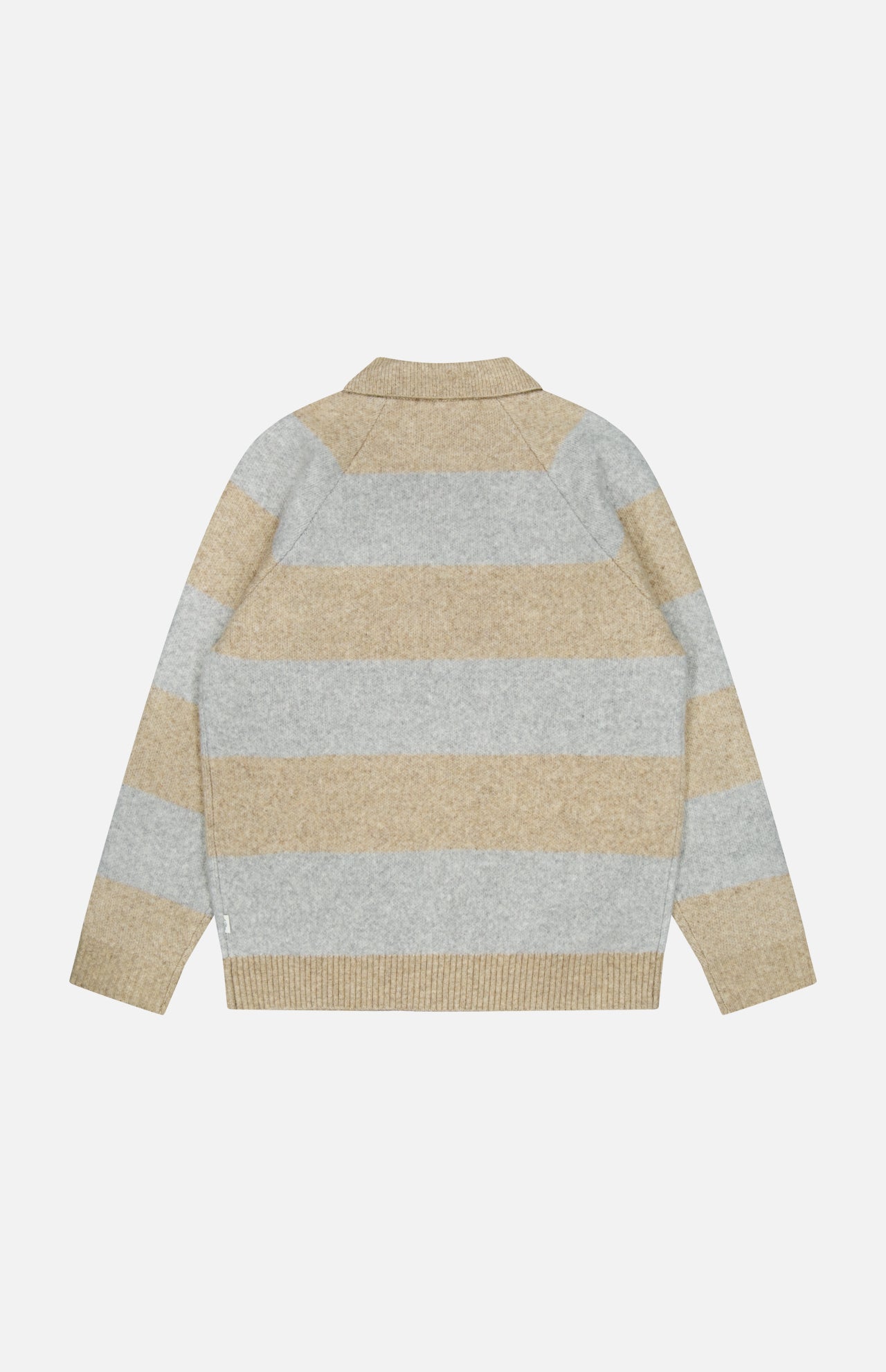 The LES DEUX Striped Melange Knitted Polo Sweater is a long-sleeved beige and grey pullover with wide horizontal stripes in soft tones, shown from the back on a plain white background—an ideal choice for those who appreciate timeless preppy style.