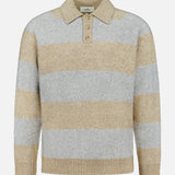 The LES DEUX Striped Melange Knitted Polo Sweater features long sleeves, a classic collar, and wide horizontal beige and light gray stripes. Designed with a three-button placket plus ribbed cuffs and hem, it’s perfect for adding a touch of preppy style to your wardrobe.