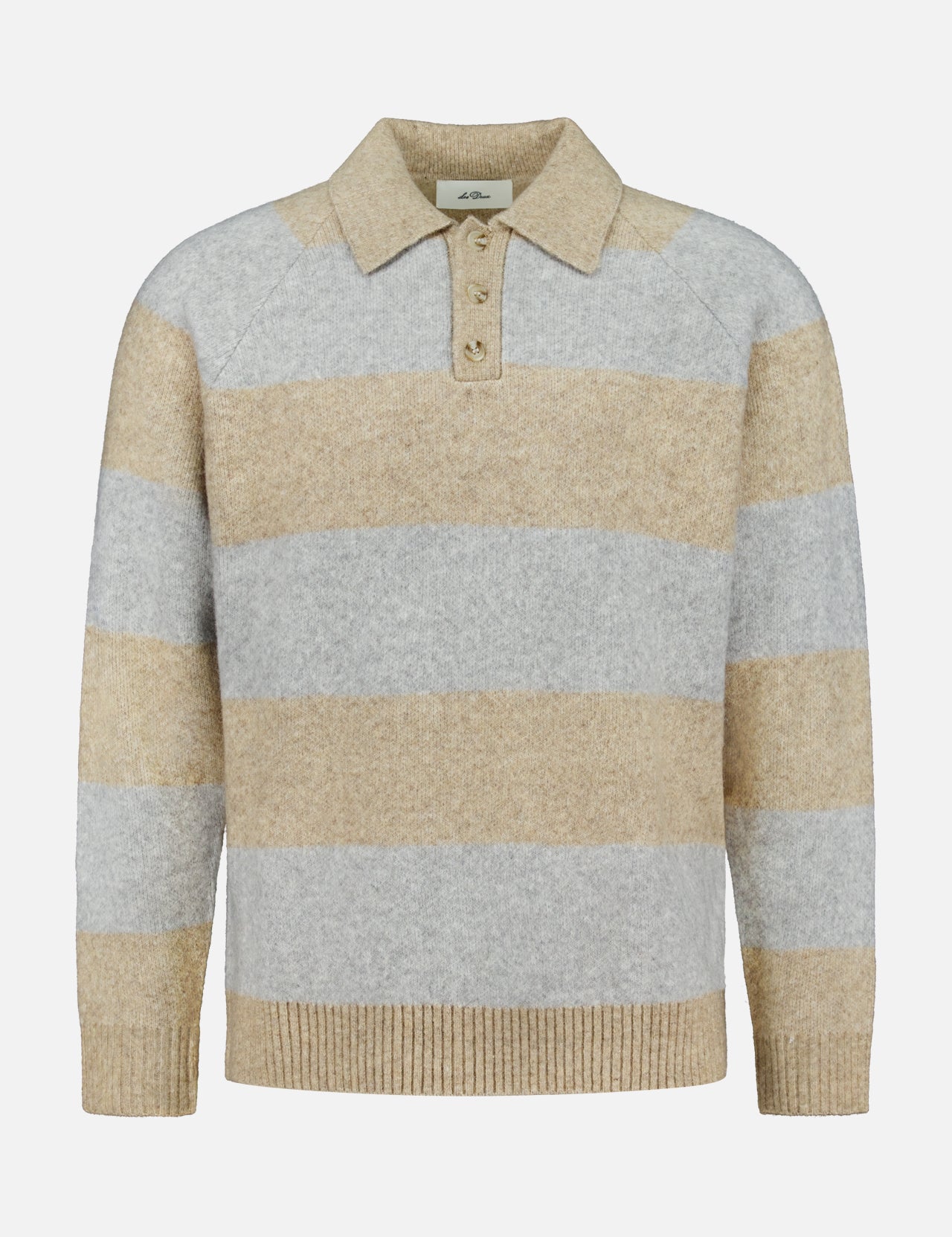The LES DEUX Striped Melange Knitted Polo Sweater features long sleeves, a classic collar, and wide horizontal beige and light gray stripes. Designed with a three-button placket plus ribbed cuffs and hem, it’s perfect for adding a touch of preppy style to your wardrobe.