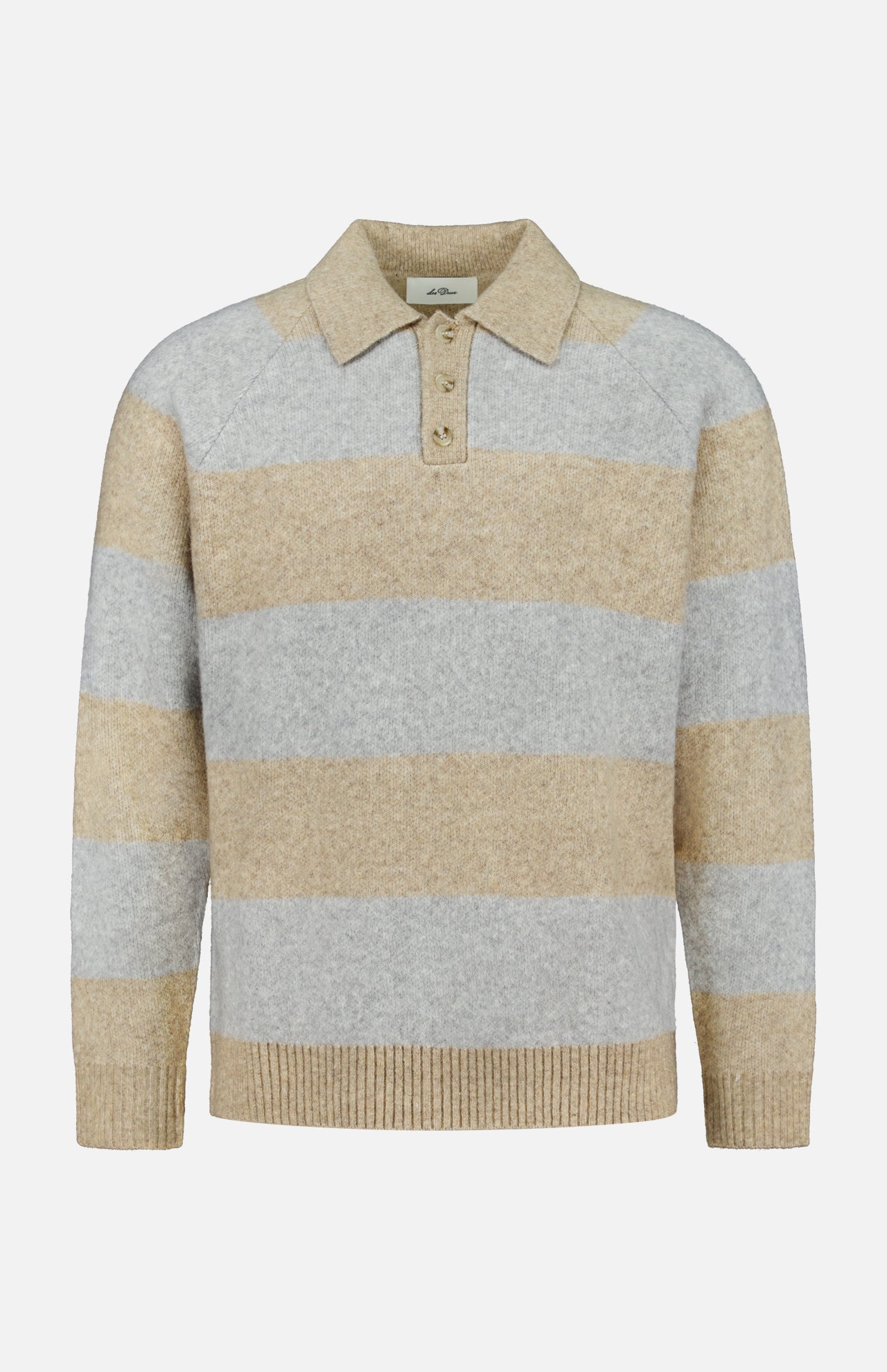 The LES DEUX Striped Melange Knitted Polo Sweater features long sleeves, a classic collar, and wide horizontal beige and light gray stripes. Designed with a three-button placket plus ribbed cuffs and hem, it’s perfect for adding a touch of preppy style to your wardrobe.