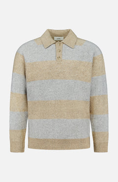 The LES DEUX Striped Melange Knitted Polo Sweater features long sleeves, a classic collar, and wide horizontal beige and light gray stripes. Designed with a three-button placket plus ribbed cuffs and hem, it’s perfect for adding a touch of preppy style to your wardrobe.