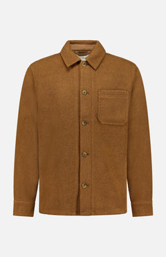 The LES DEUX Twill Wool Overshirt, shown against a white background, features a caramel-colored twill design with long sleeves, a single chest pocket, pointed collar, and button-up front—making it an essential men’s layering piece for versatile style.
