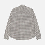 The LES DEUX Two Tone Mini Check Shirt is a long-sleeve, button-up shirt featuring a brown and white checkered pattern, made from 100% cotton and displayed from the back on a plain white background—a timeless piece for any preppy wardrobe.