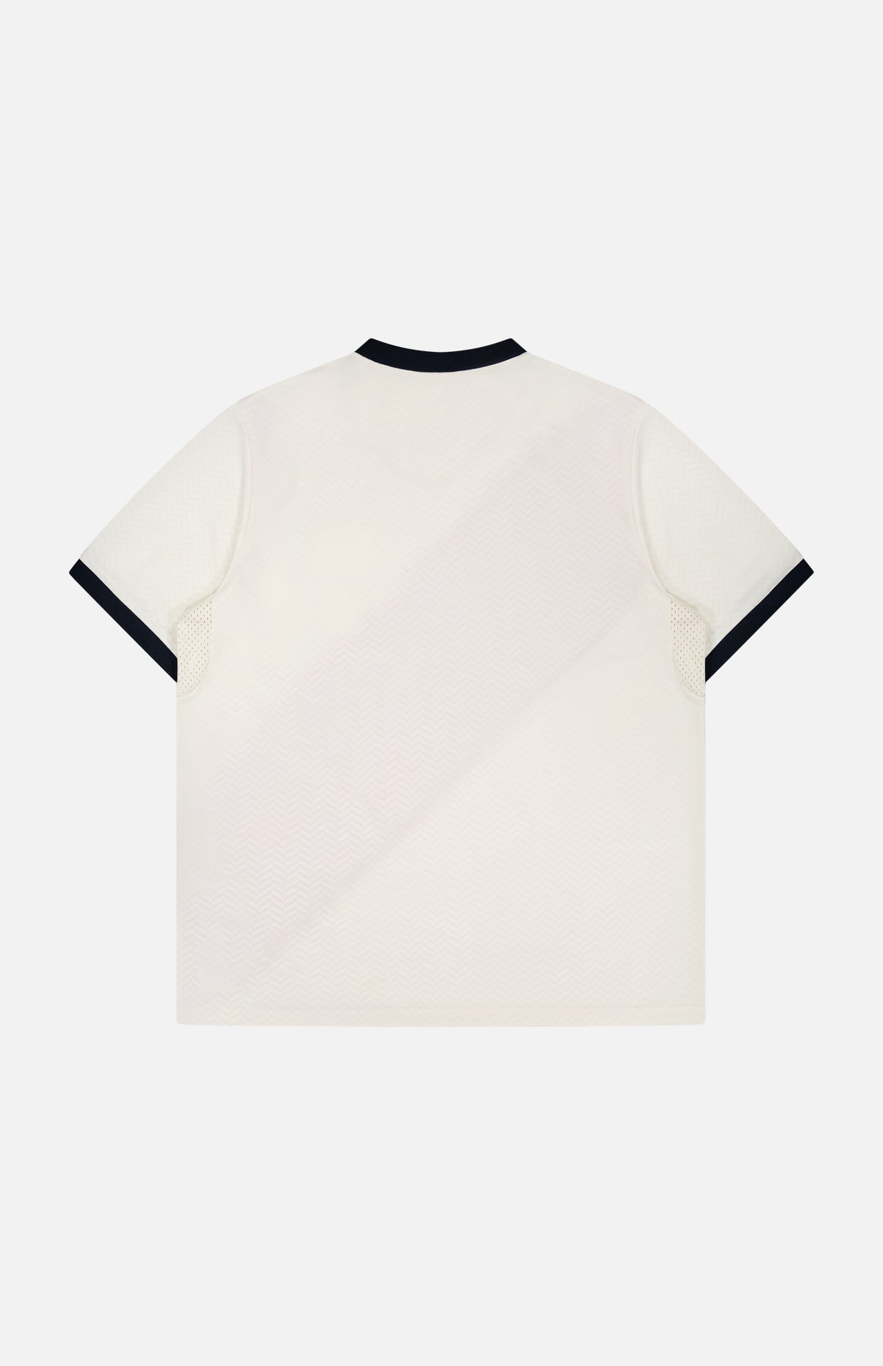 A short-sleeve ivory USA Football Jersey by LES DEUX, featuring a subtle diagonal stripe pattern with black trim on the collar and cuffs, is displayed flat against a white background.