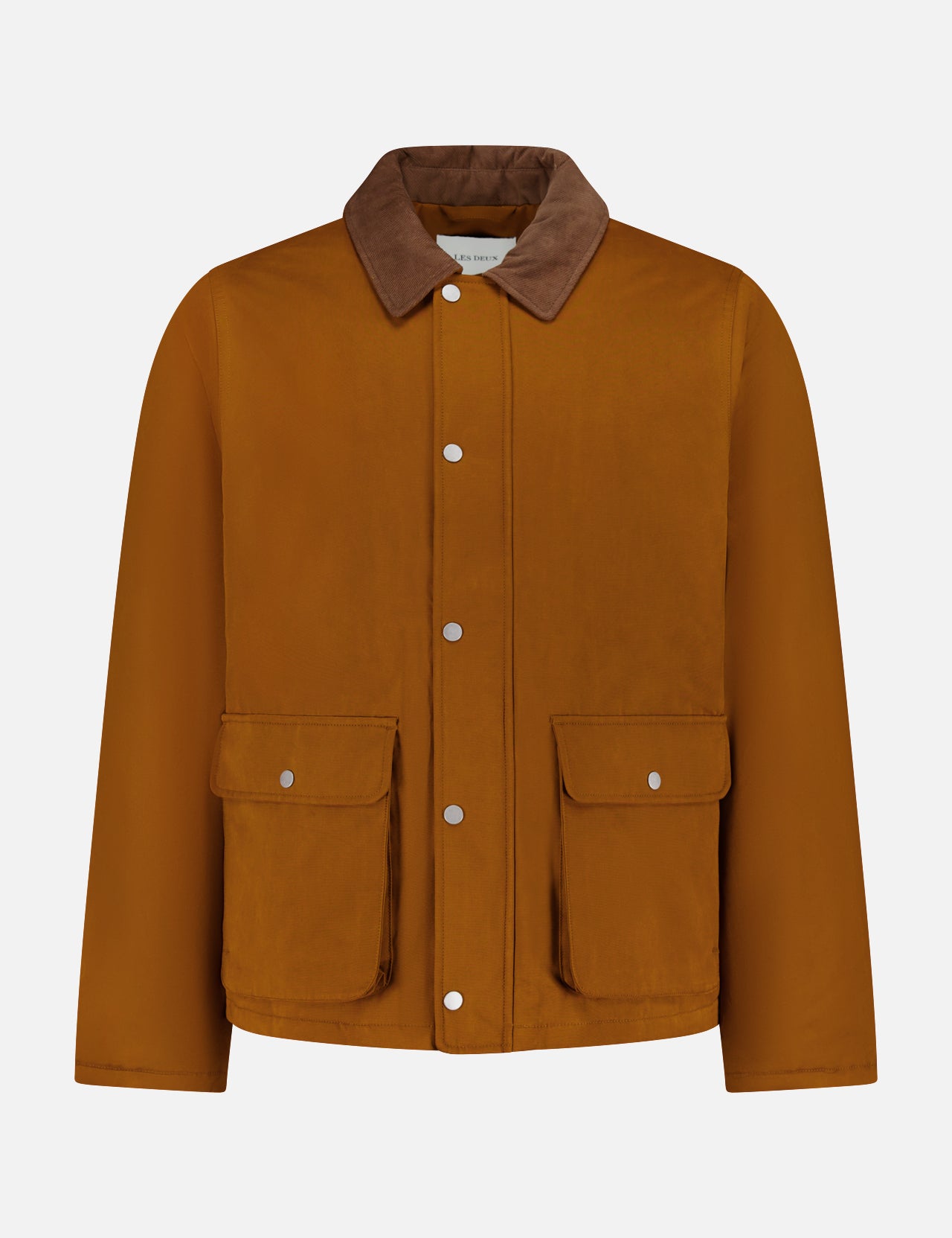 The LES DEUX Montana Corduroy Collar Jacket features a tan color, snap button closure, two large front flap pockets, and classic workwear styling—all shown on a plain white background.
