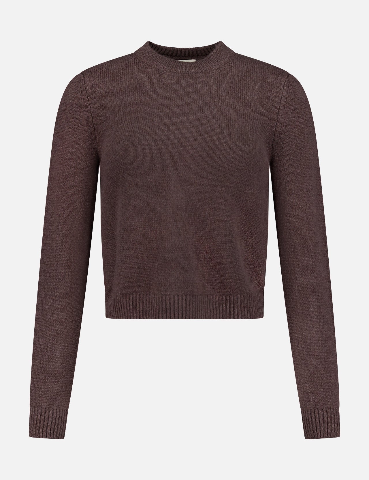 The KHAITE Leta Cashmere Cropped Sweater is a plain, long-sleeved brown crew neck with ribbed cuffs, hem, and collar, shown on a white background.