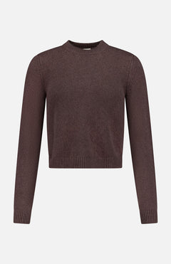 The KHAITE Leta Cashmere Cropped Sweater is a plain, long-sleeved brown crew neck with ribbed cuffs, hem, and collar, shown on a white background.